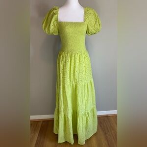 NWT Fashion Nova Lime Green Eyelet Maxi Dress Smocked Puff Sleeve Cotton Size XS